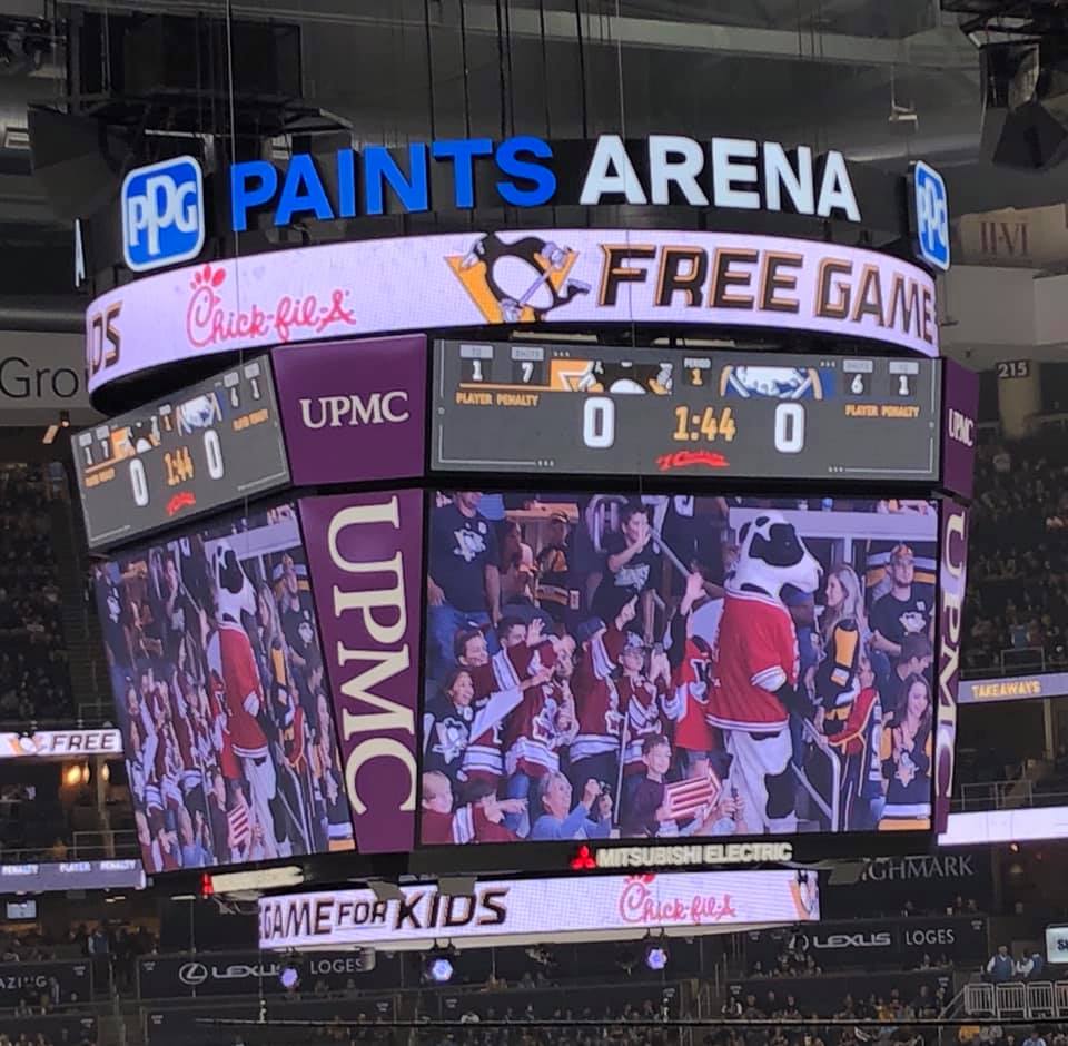 Members of the Johnstown Warriors are featured on the PPG Paints Arena scoreboard